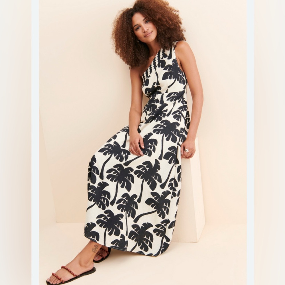 Farm Rio, one shoulder linen palm tree dress